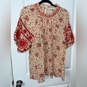 Savanna Jane Floral Print 3/4 Sleeve Mock Neck Peasant Western Embroidery Top 1X